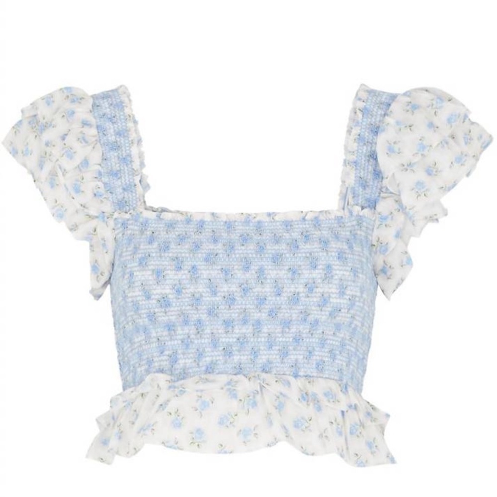 NWT LOVESHACKFANCY Wrennly Top in Powder Blue and White - Picture 2 of 7